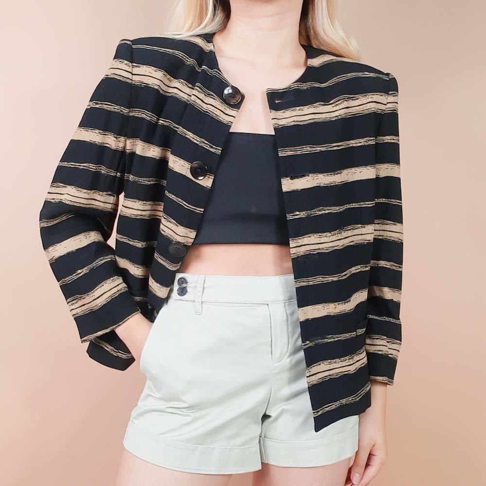 Jones New York Women's 10 Blazer 100% Silk Button Front Gold / Black Stripes